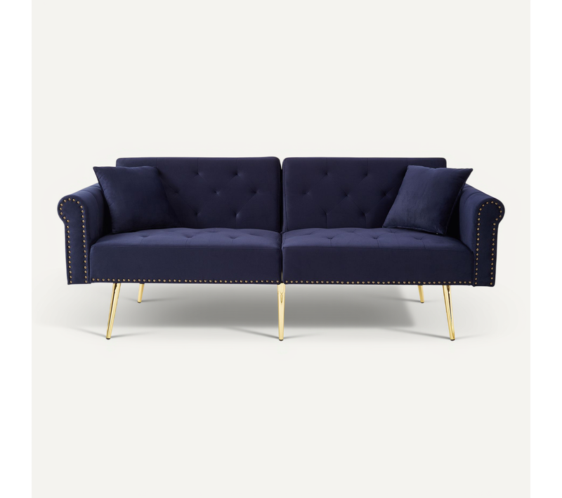 Canapé-lit 147x85 Cm En Velours Bleu Antique, Dossier Double 3 Positions Et Pieds Métal Doré