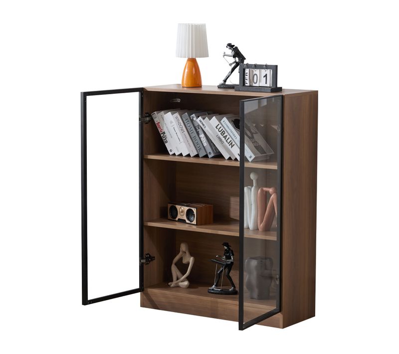 Vitrine En Verre 80 Cm Avec éclairage LED Et Portes En Cadre Aluminium Finition Noyer Naturel
