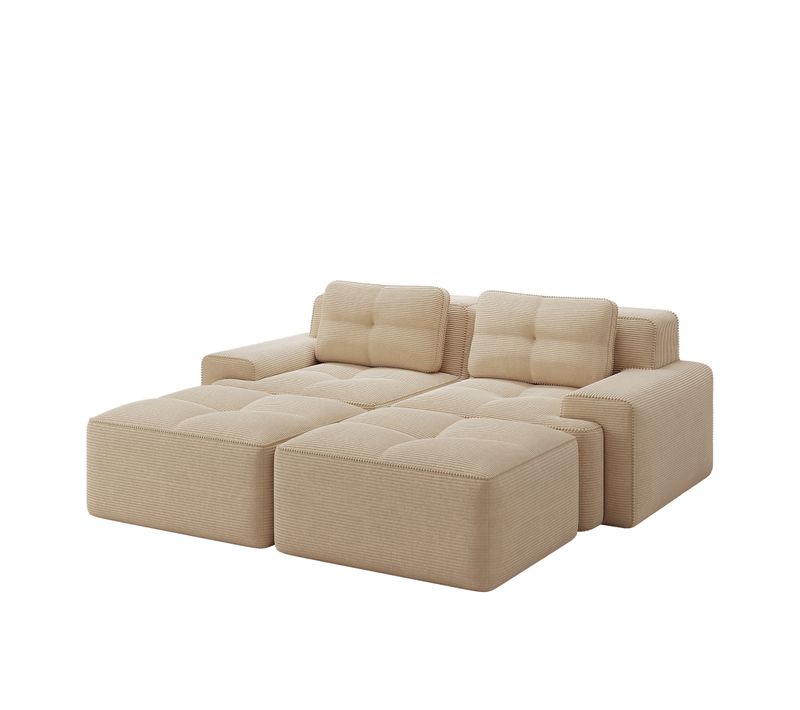 Canapé Modulaire 2 Places en Velours Côtelé Beige – Assise Profonde 74 cm, avec 2 Poufs pour Salon