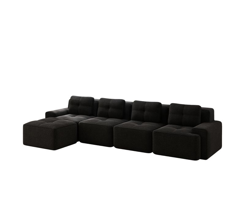 Canapé Modulaire Noir En Velours Côtelé 4 Places Avec Méridienne Pour Salon