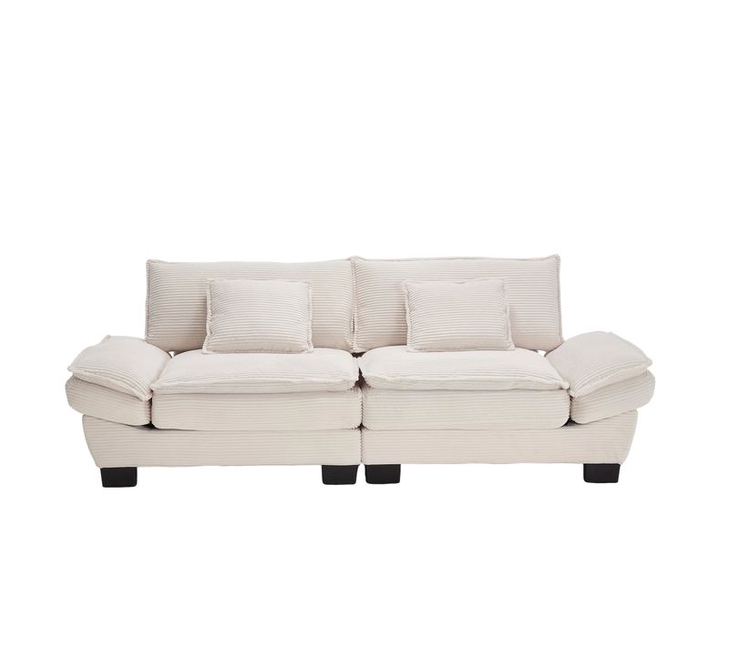 Canapé 224x81x81 Cm En Velours Beige - Assise Ultra-profonde 2 Places, Cadre Bois Et Pieds Noirs