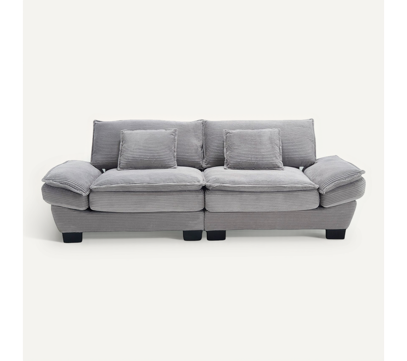 Canapé 224x81x81 Cm En Velours Gris Clair, Assise Ultra-profonde, Cadre Bois Et Pieds Noirs
