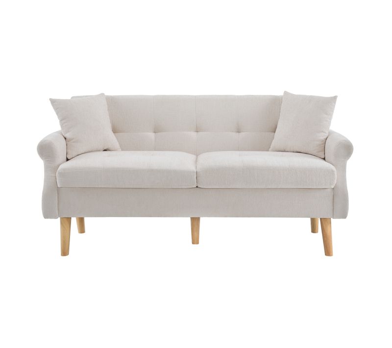 Canapé 2 Places 162x74x77 Cm En Chenille Beige, Coussin 15 Cm, Pieds Bois Massif 20 Cm