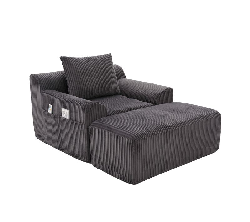 Fauteuil Surdimensionné 147x110x67 Cm Velours Côtelé Gris Foncé Repose-pieds Et Poches Latérales