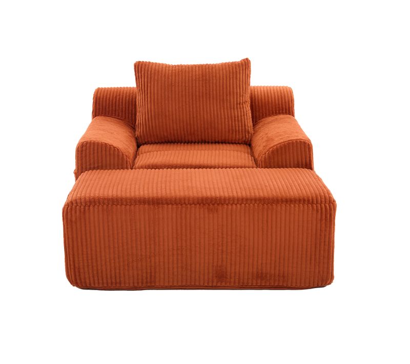 Fauteuil Grand En Velours Côtelé Orange, Assise Profonde, Repose-pieds Et Poches Latérales