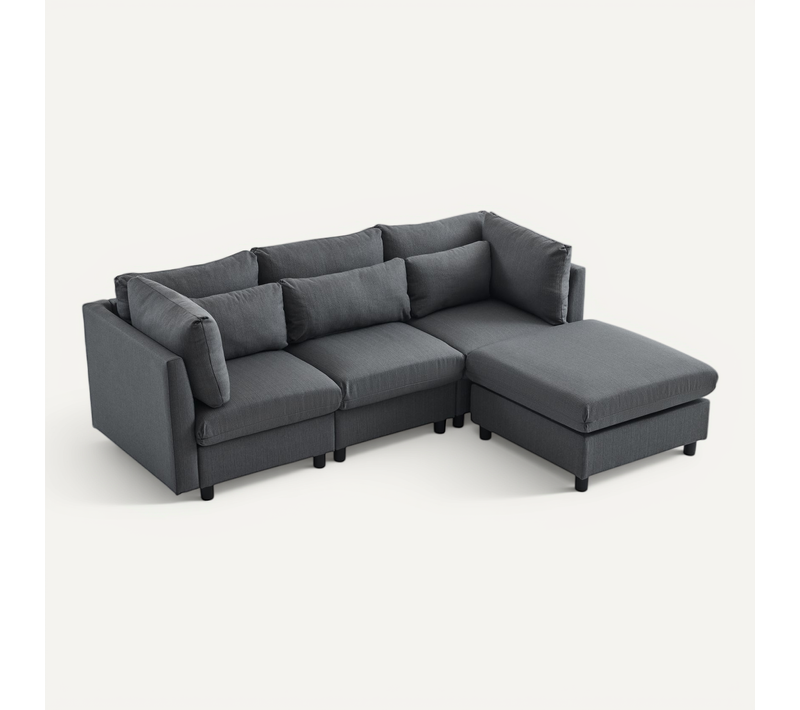 Canapé 4 Places 220x83x81 Cm En Tissu Lin-coton Gris Avec Chaiselongue Modulable Et Pouf