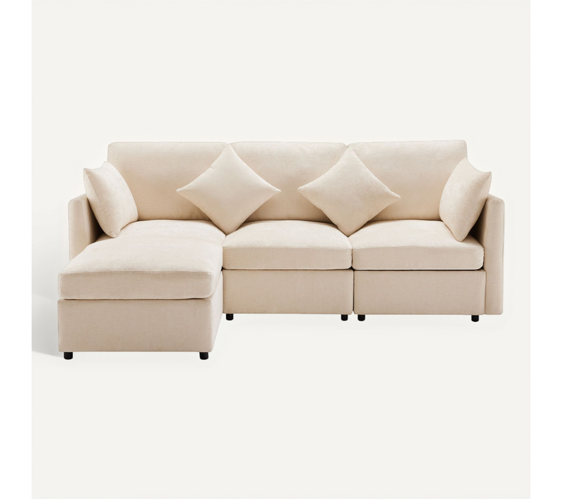 Canapé 4 Places 216x161x81 Cm En Chenille Beige, Méridienne Modulable Avec Pouf Et 4 Coussins