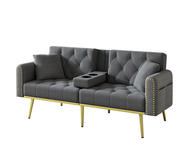 Canapé 175x89 Cm En Velours Gris, Dossier Réglable 3 Positions, Porte-gobelet Intégré, Pieds Dorés
