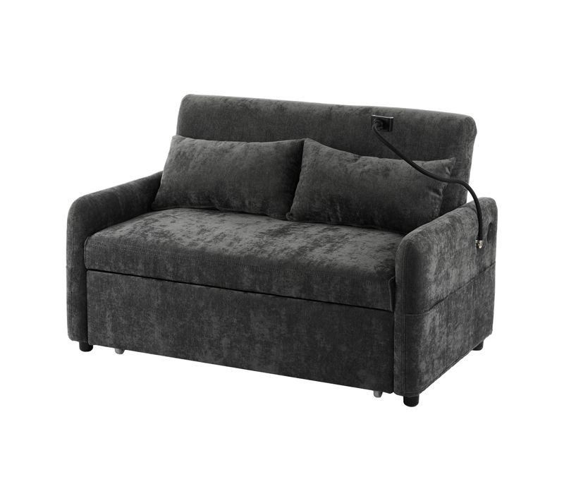 Canapé D'appoint 129x163 Cm Chenille Gris, à Roulettes, Dossier 3 Positions Et Ports USB