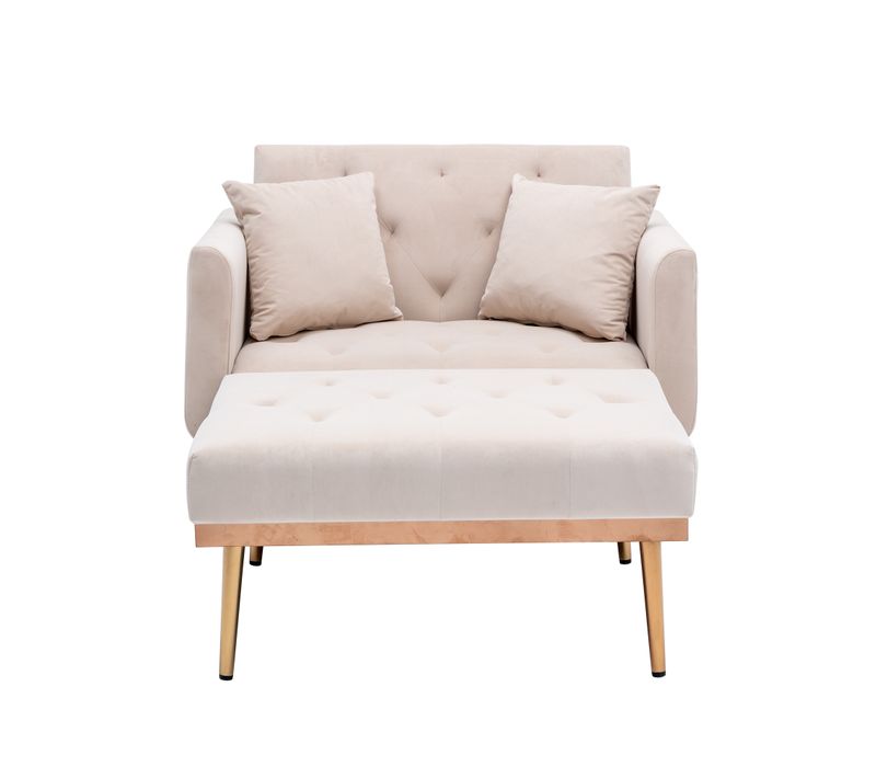 Canapé D'appoint 165x90 Cm En Velours Beige, Dossier Réglable 105°/140°/180° Et 2 Coussins