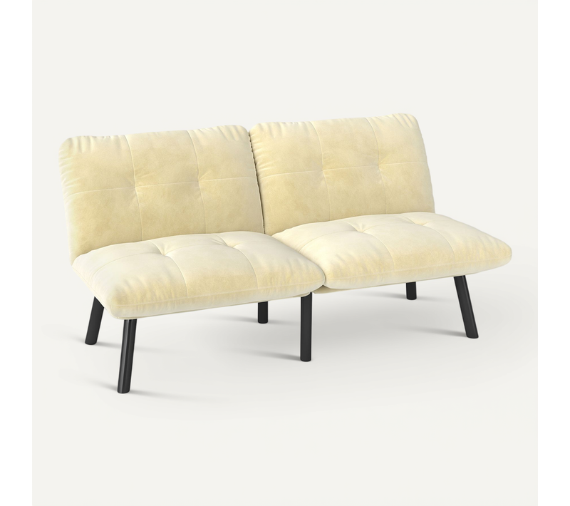 Canapé Modulable 2 Places En Velours Crème, Fonction Couchage Idéale Pour Petits Espaces