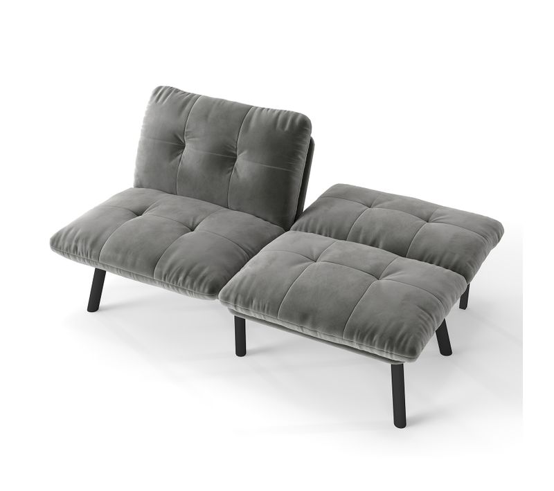 Canapé Adulte Pliant 2 Places En Velours Gris Avec Structure Métal Et Mousse, Gain De Place