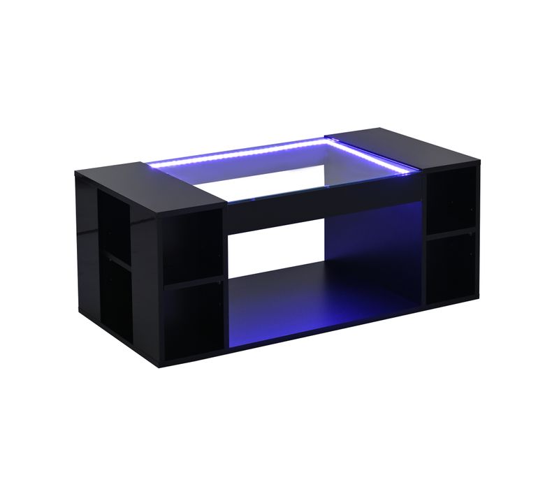 Table Basse 100x50 Cm Avec Éclairage LED Et Plateau En Verre Trempé Noir
