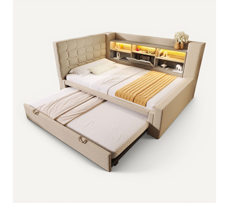 Lit Simple 90x200 Cm Avec Lit Gigogne Et éclairage LED Beige