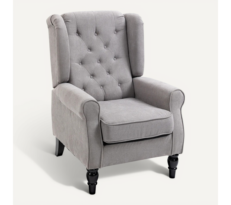 Fauteuil à Oreilles 74x86x102 Cm En Polyester Gris, Capitonné à Boutons, Pieds Bois Noirs