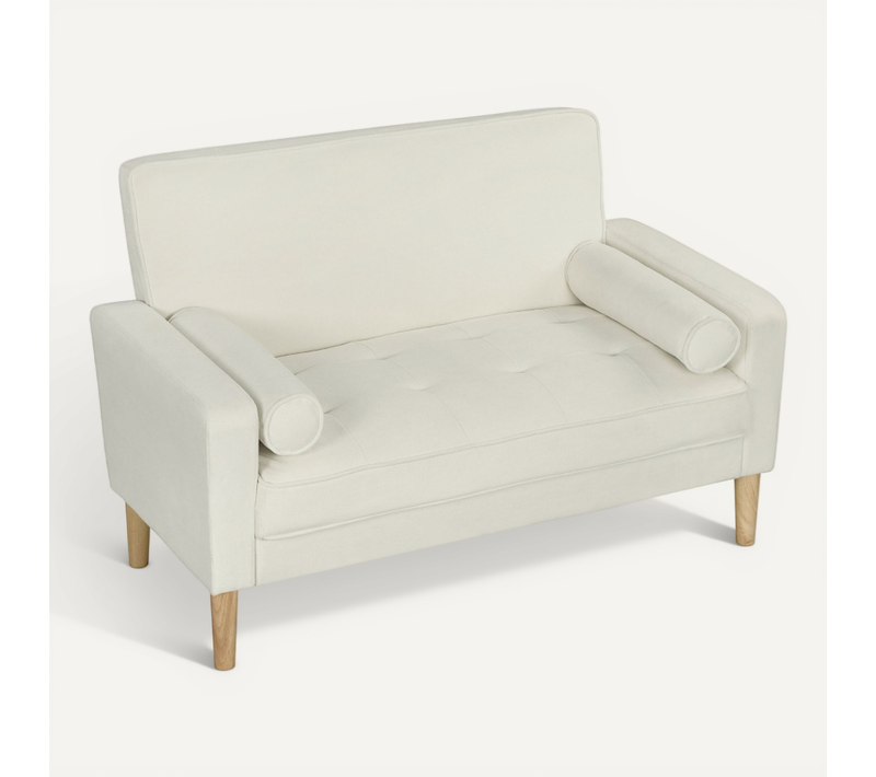 Canapé 2 Places 130x74,5 Cm En Velours Crème, Assise Mousse Haute Densité Et Pieds Bois