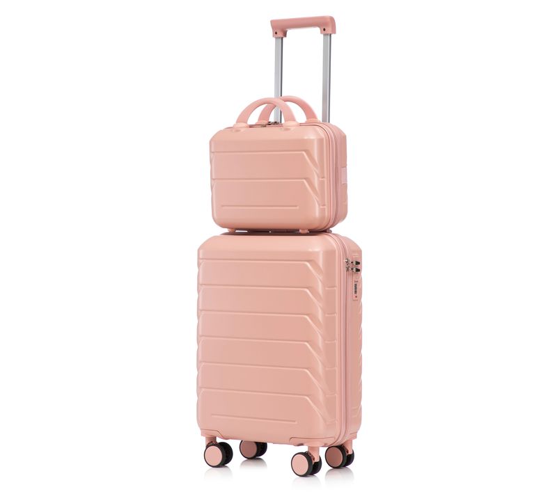 Set Valises 2 Pièces 19 Pouces + Trousse 14 Pouces En Abs Rose, Coque Anti-rayures, Roulettes 360°