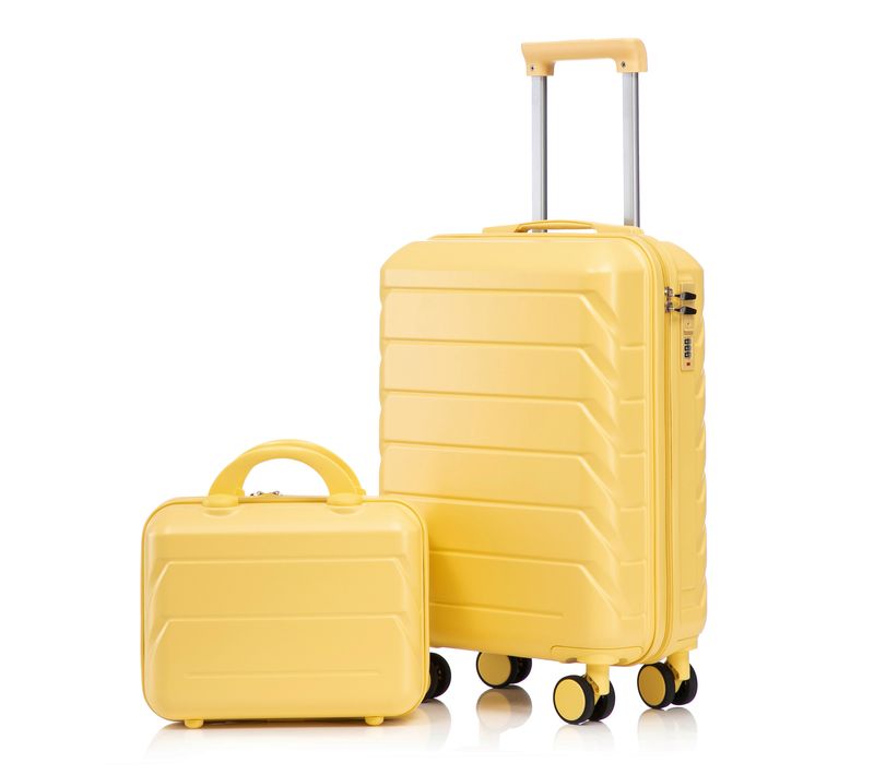 Valise Rigide 19" + Trousse 14" En Abs Jaune, 2 Pièces, Roulettes 360° Silencieuses