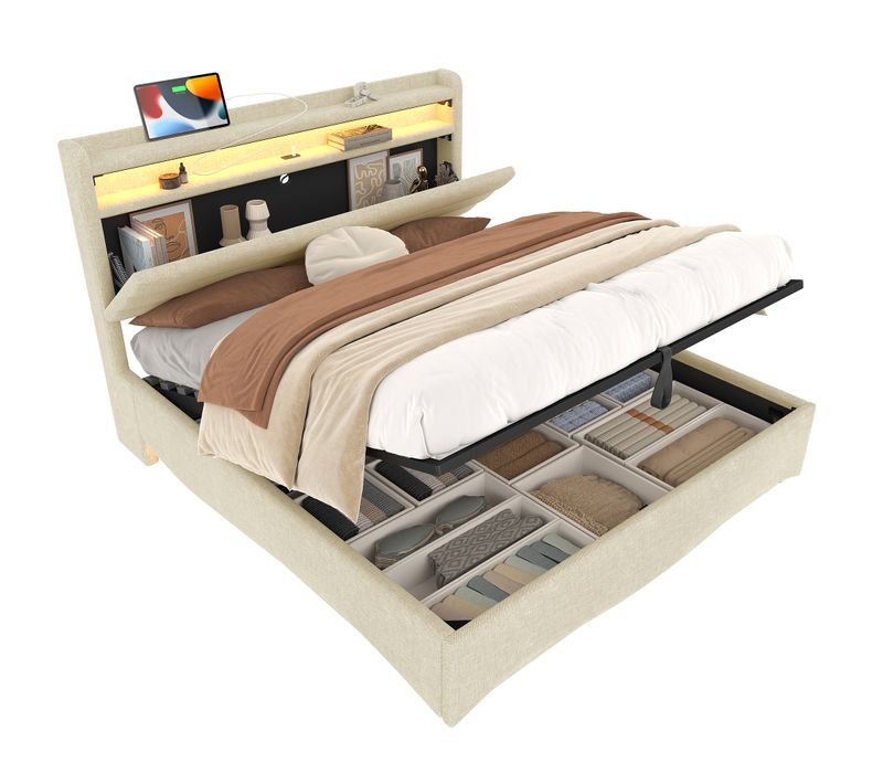 Lit Coffre 140x200 Cm Avec Rangement Relevable Tête De Lit Avec LED, Tissu Beige