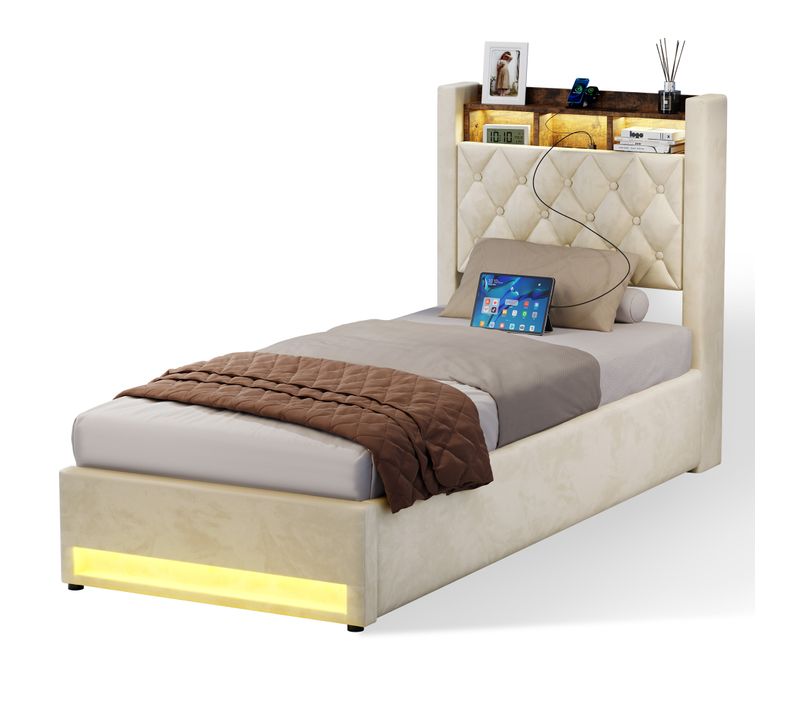 Lit Rembourré 90×190 Cm Avec Rangement, Éclairage LED, USB/type-c, Grand Espace De Stockage, Beige