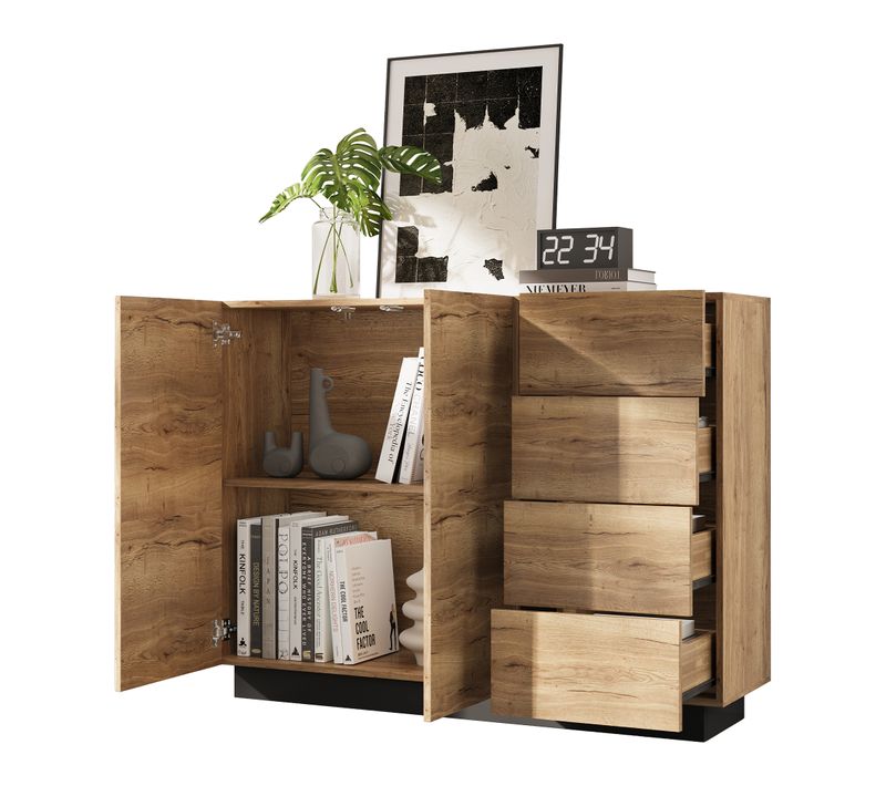 Buffet 120 Cm Avec 4 Tiroirs Et 2 Portes Sans Poignées, Noir Et Naturel