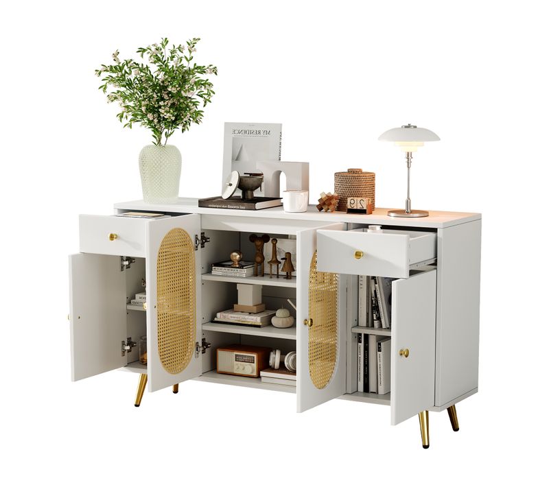 Buffet 140 Cm Avec 4 Portes Et 2 Tiroirs, Pieds Métal Blanc Et Bois Naturel
