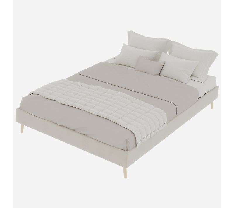 Lit Double 140x200 Cm Avec Structure En Tissu Velours Beige