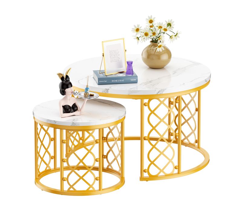 Table Basse Gigogne Moderne, Lot De 2 Tables Rondes Avec Placage Marbre Et Cadre Doré Pour Salon