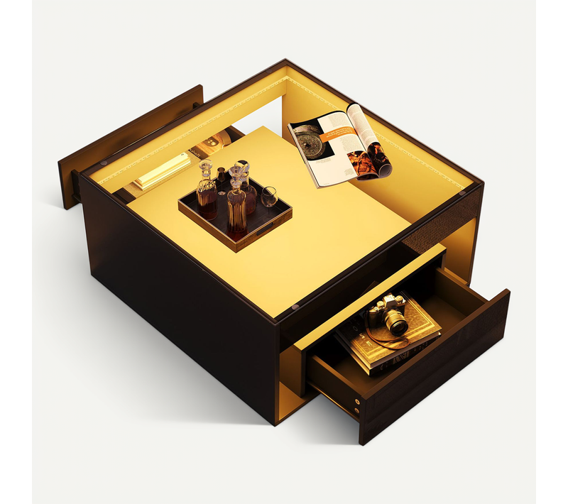 Table Basse 70 X 70 Cm Avec 2 Tiroirs Et Plateau En Verre Trempé Noir