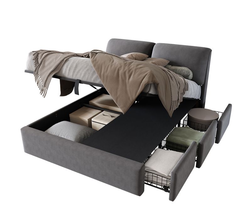 Lit Coffre 140x190 Cm Avec Sommier Hydraulique Et Tiroirs De Rangement