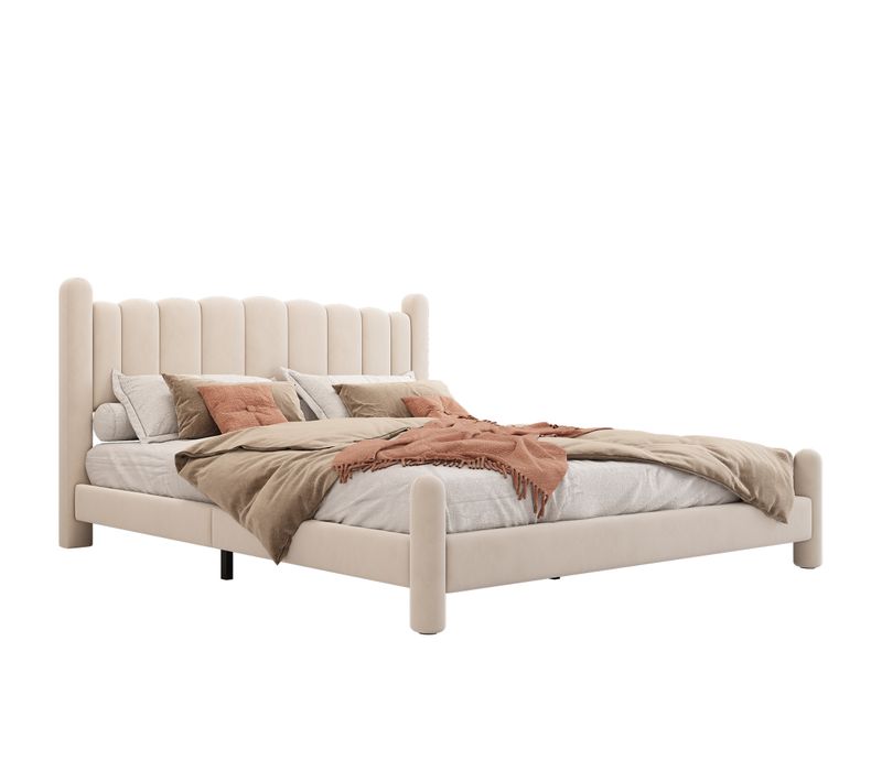 Lit Rembourré 160x200 Cm Avec Structure En Velours Beige Et Tête De Lit Ondulée