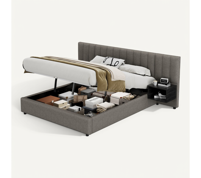 Lit Rembourré 160x200 Cm Avec Sommier Relevable Et 2 Tables De Nuit Intégrées