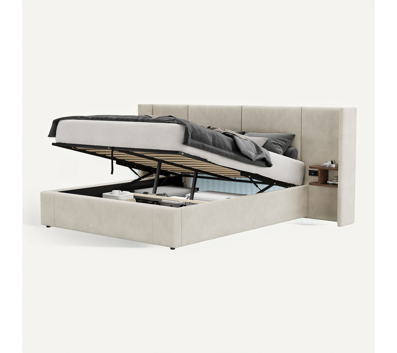 Lit Coffre 160x200 Cm Avec Sommier Relevable Et Two Nightstands Beige En Velours