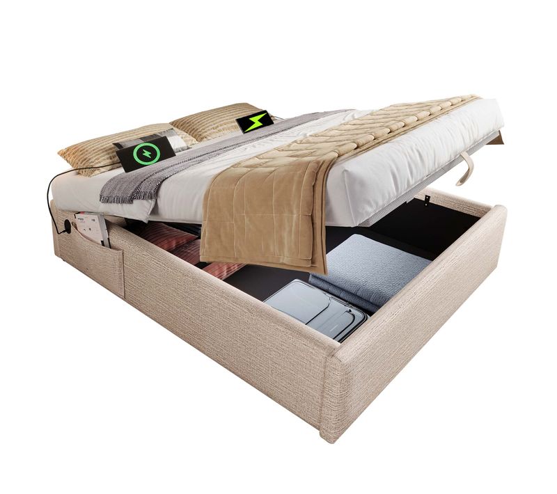 Lit Double 140x200 Cm Avec Structure Avec Coffre De Rangement Et USB