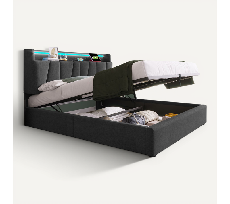 Lit Coffre 140x200 Cm Avec Tête De Lit De Rangement Et USB Intégré