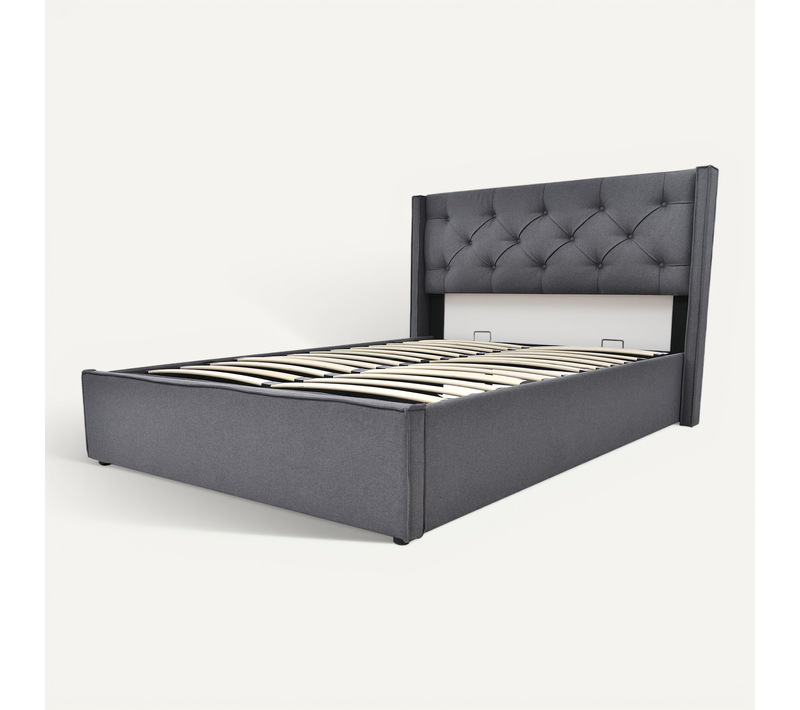 Lit Coffre 160x200 Cm Avec Sommier Relevable Et Tête De Lit Rembourrée En Coton Gris