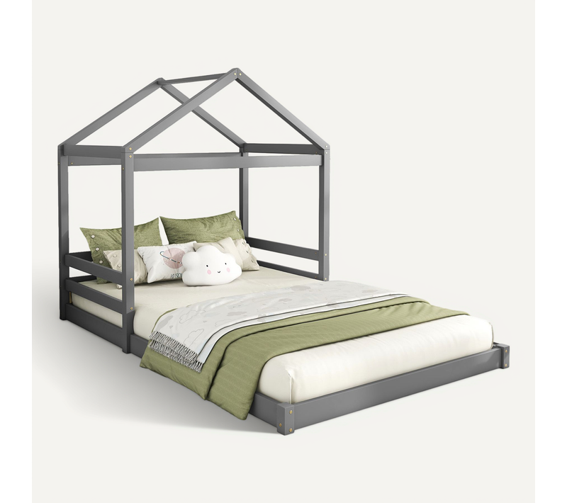 Lit Maison 140x200 Cm En Pin Et Mdf Gris, Forme Cabane Ludique, Lignes épurées, Montage Simple