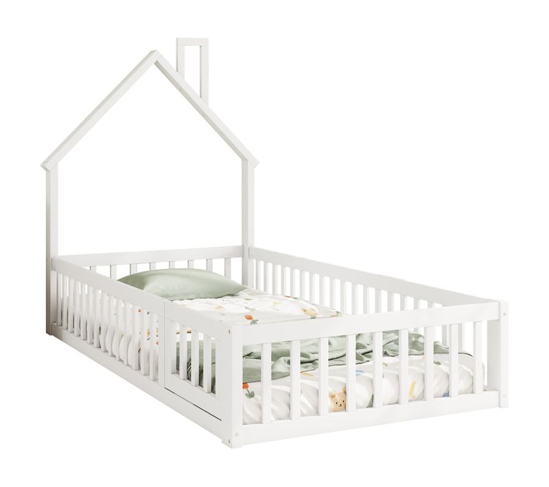 Lit Enfant 90x200 Cm En Pin Blanc Avec Toit En Forme De Cheminée, Sommier à Lattes (sans Matelas)