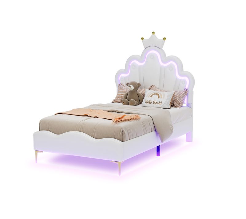 Lit 90x200 Cm Princesse En Pu Blanc, Tête Couronne Rose Et Éclairage LED Multicolore Intégré