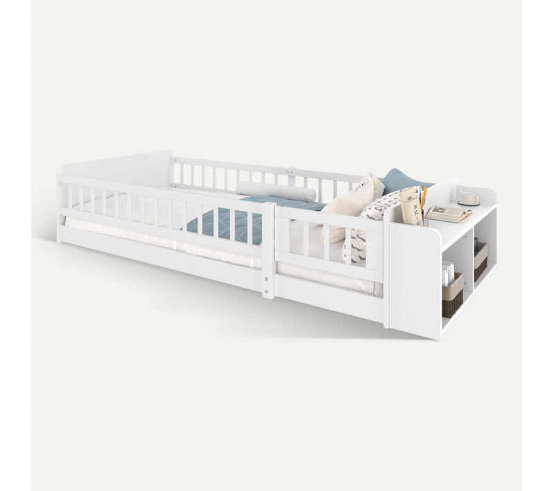 Lit Enfant 90x200 Cm En Pin Naturel Blanc, Rangements Ouverts Intégrés Et Barrière Ouvrante