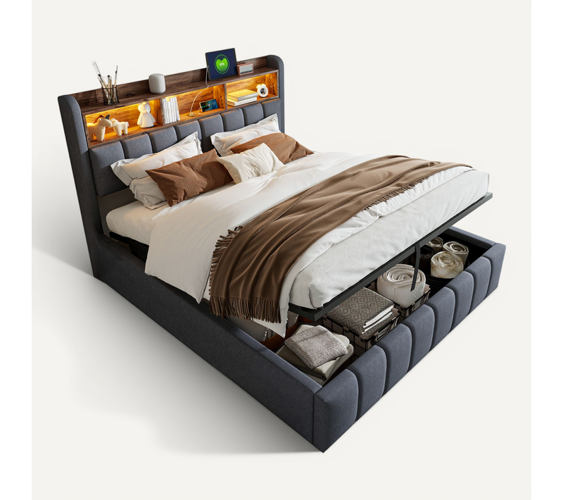Lit Rembourré 180x200 Cm Avec Coffre De Rangement Et éclairage LED