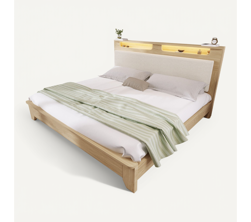 Lit Double 140x200 Cm Avec Tête De Lit Capitonnée Et éclairage LED
