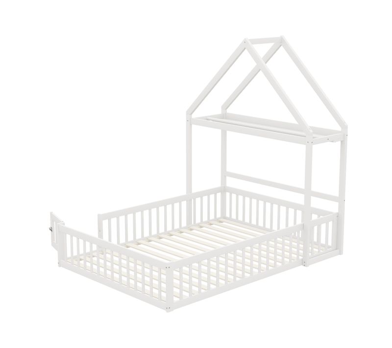Lit Enfant 140x200 Cm En Bois Massif Avec Espace De Rangement Et Toit