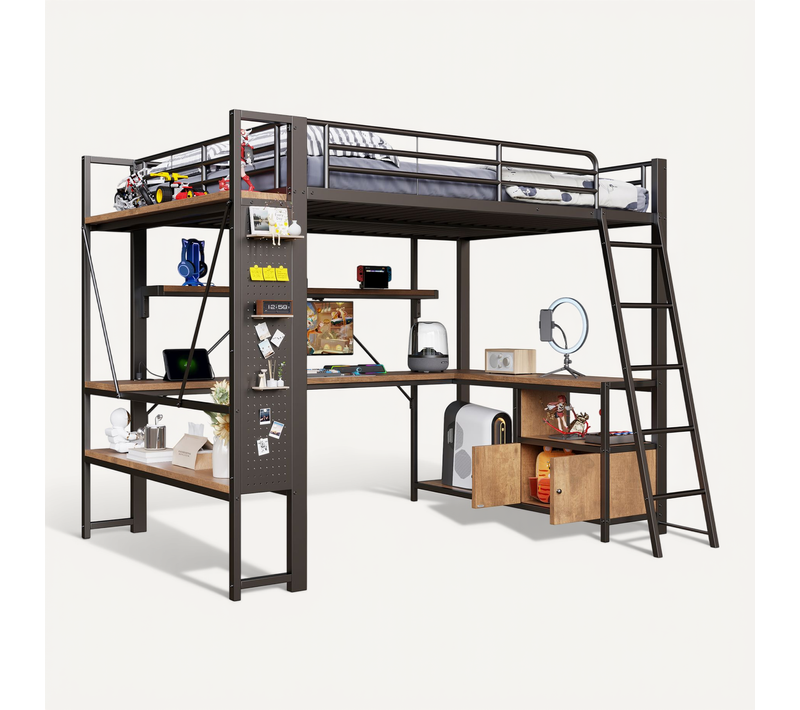 Lit Mezzanine 140x200 Cm Avec Structure En Métal Avec Bureau Et Rangements Noir