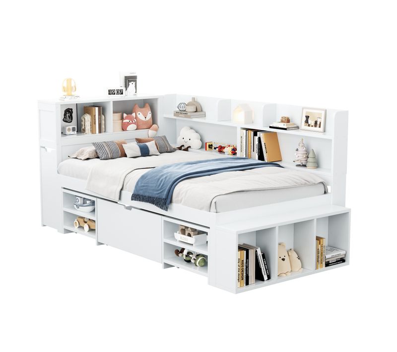 Lit Simple 90x190 Cm Avec Rangements Intégrés Blanc