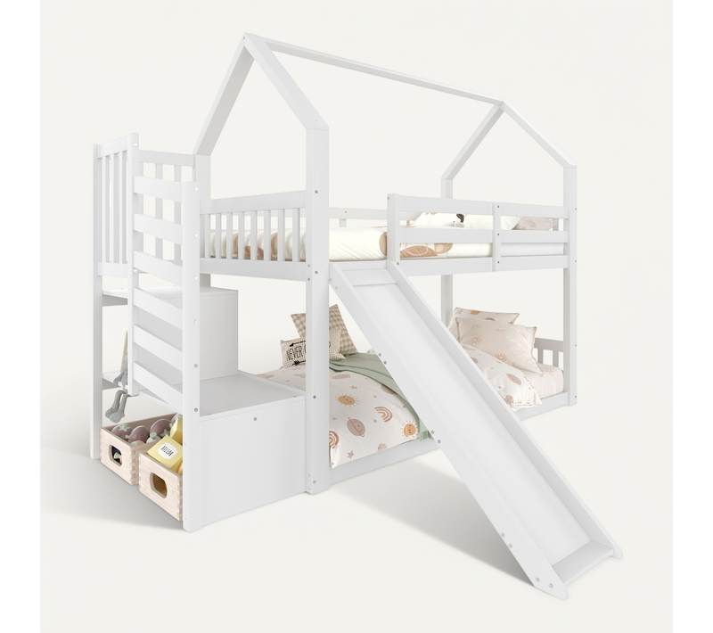 Lit superposé 90x200 Cm Avec Structure En Bois Et Échelle De Rangement