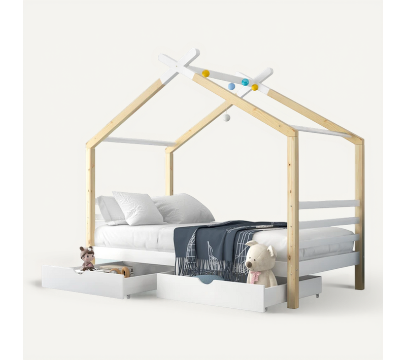 Lit Enfant 90x200 Cm Avec Design Maison Et Tiroirs En Bois Massif