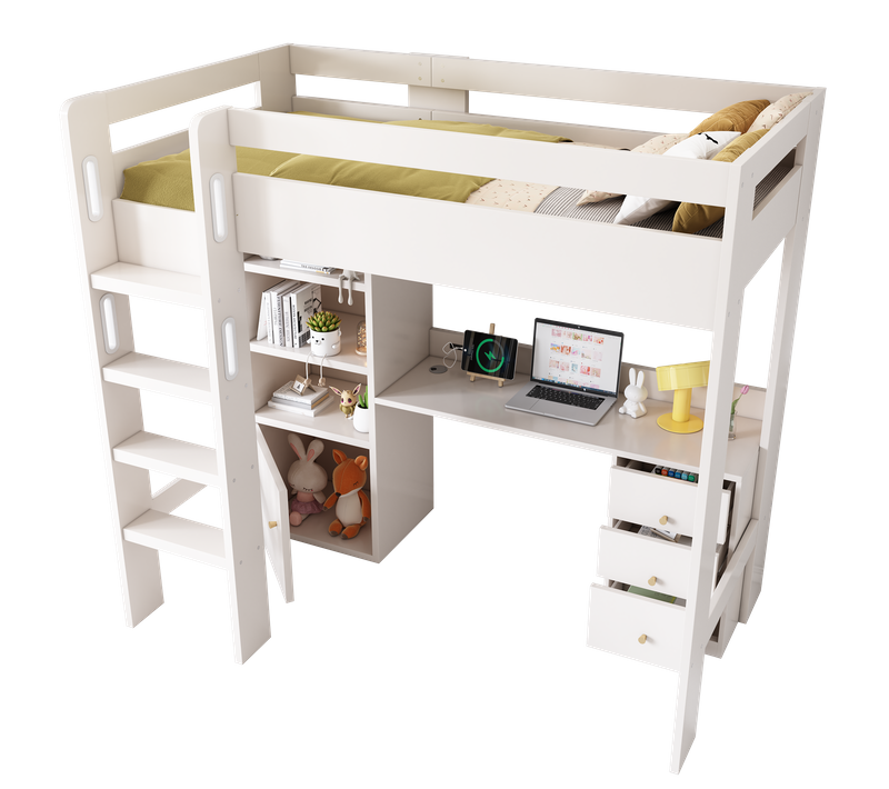 Lit Loft 90x200 Cm Avec Bureau USB, Rangement Et Échelle