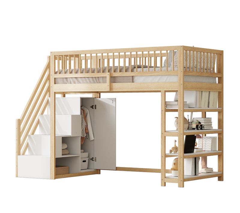 Lit Mezzanine 90x200 Cm Avec Structure En Bois Massif Et Rangement Intégré
