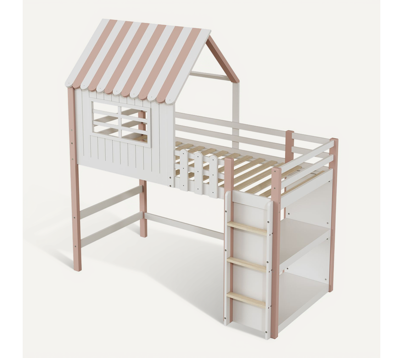 Lit Enfant 90x200 Cm Avec Forme De Toit Et échelle De Sécurité Rose